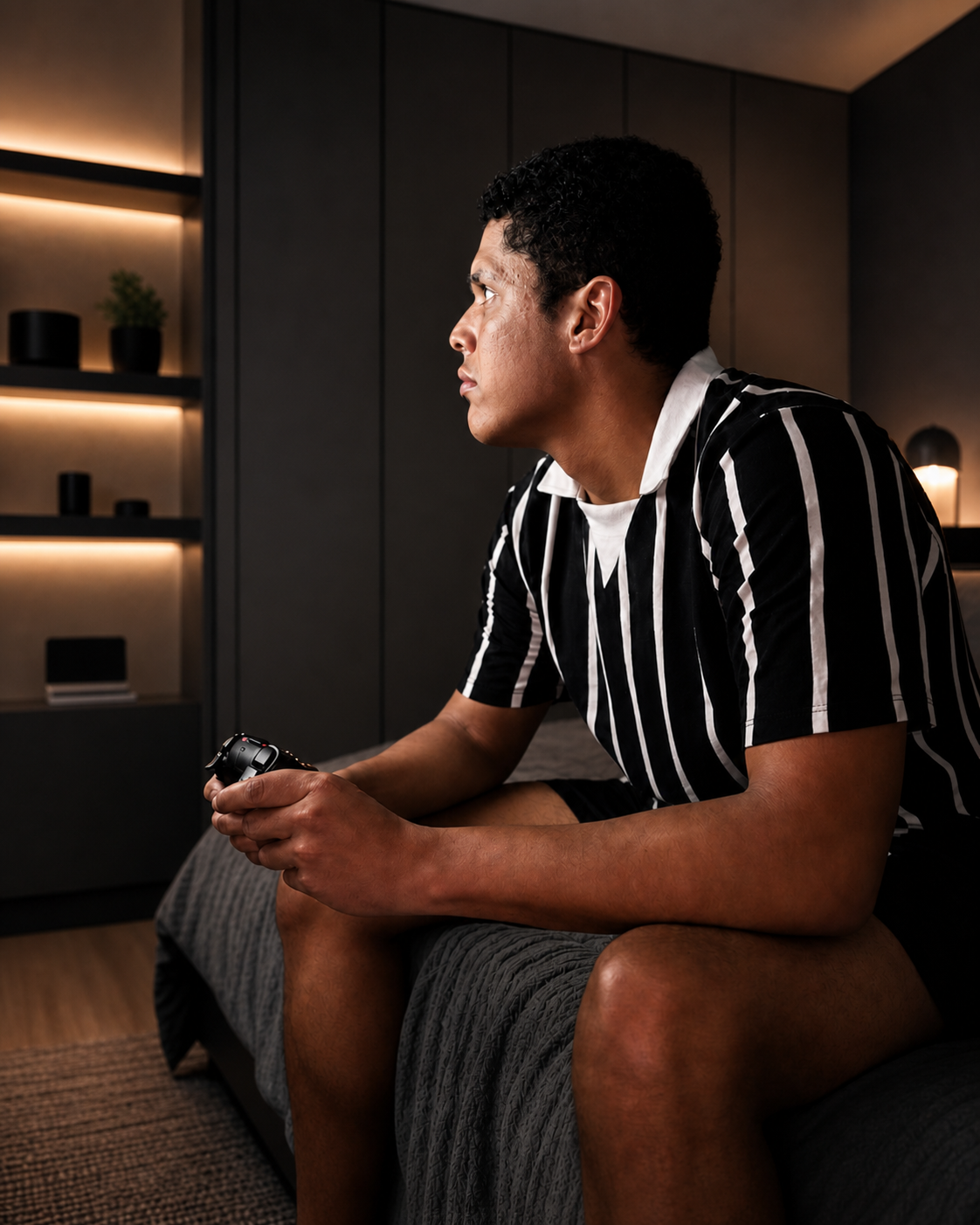Lucas Ventura com camisa do Corinthians, perfil em ambiente residencial